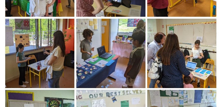 Collage of PYP exhibition presentation stands with visitors
