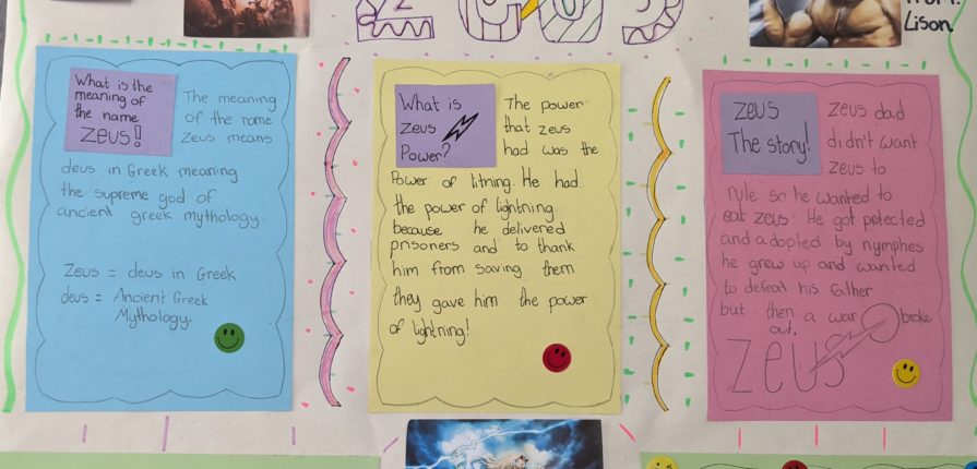 A poster with facts and images of Zeus