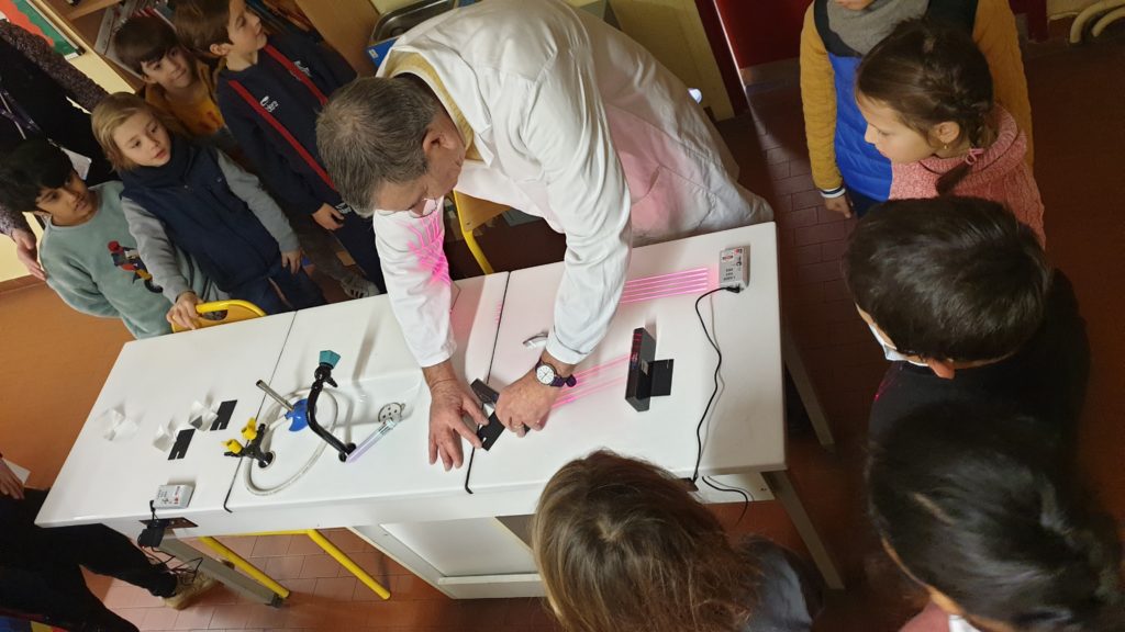 A teacher demonstrating the properties of light using lasers