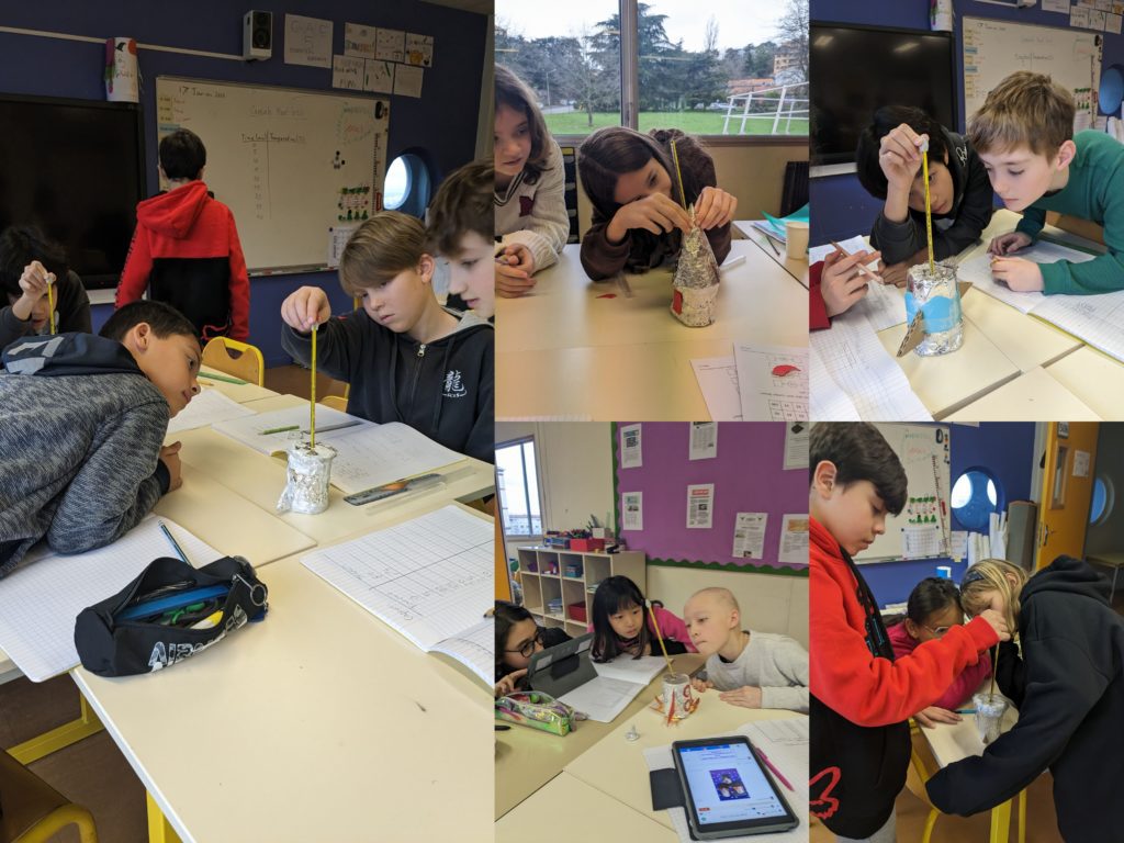 Collage of students measuring the temperature of water in insulated capsules