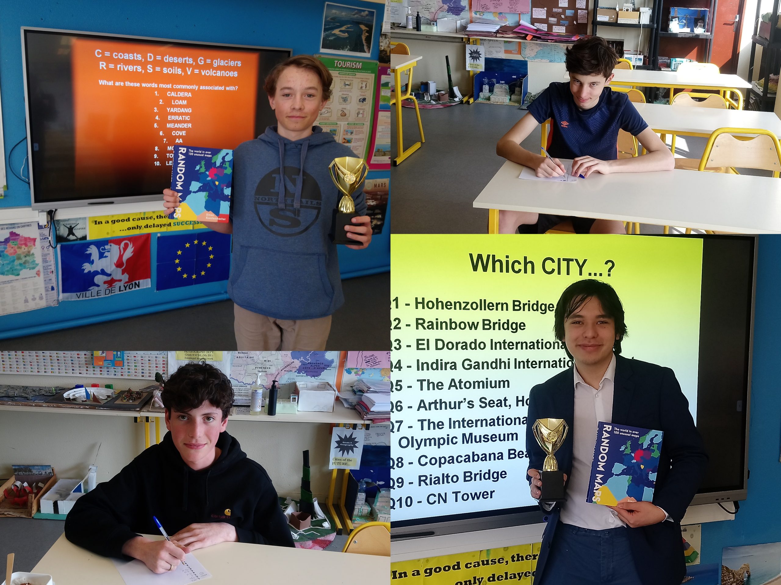 Portraits of the 2 winners of the ISL Geography Quiz holding trophies and the 2 other finalists