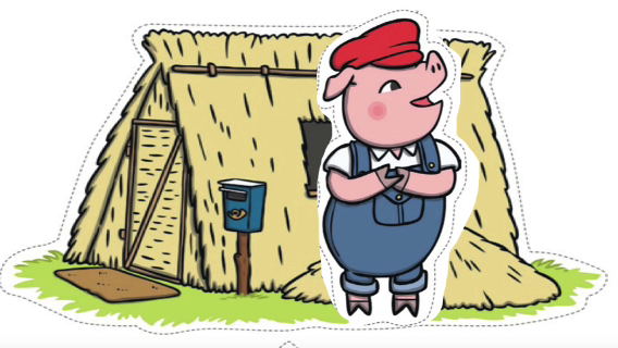A screenshot from the Three Little Pigs animation showing a pig standing in front of a straw house