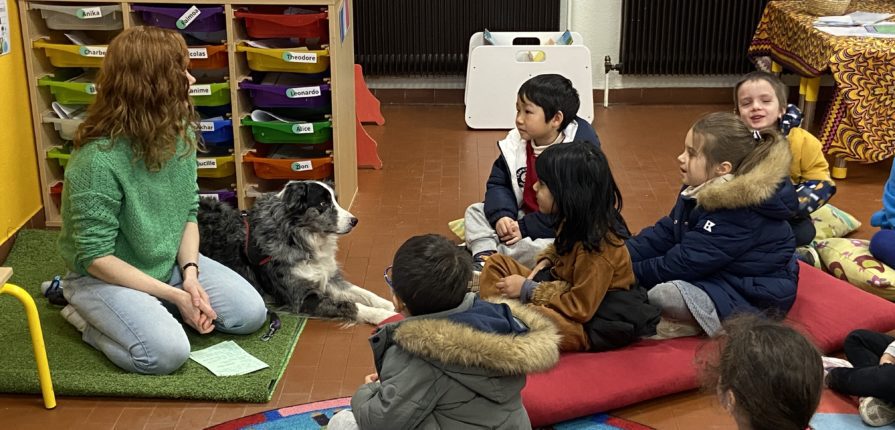 Students sitting on colourful carpets, looking at a dog and her owner