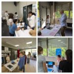 Photo collage of students presenting their exhibition work at tables with posters behind