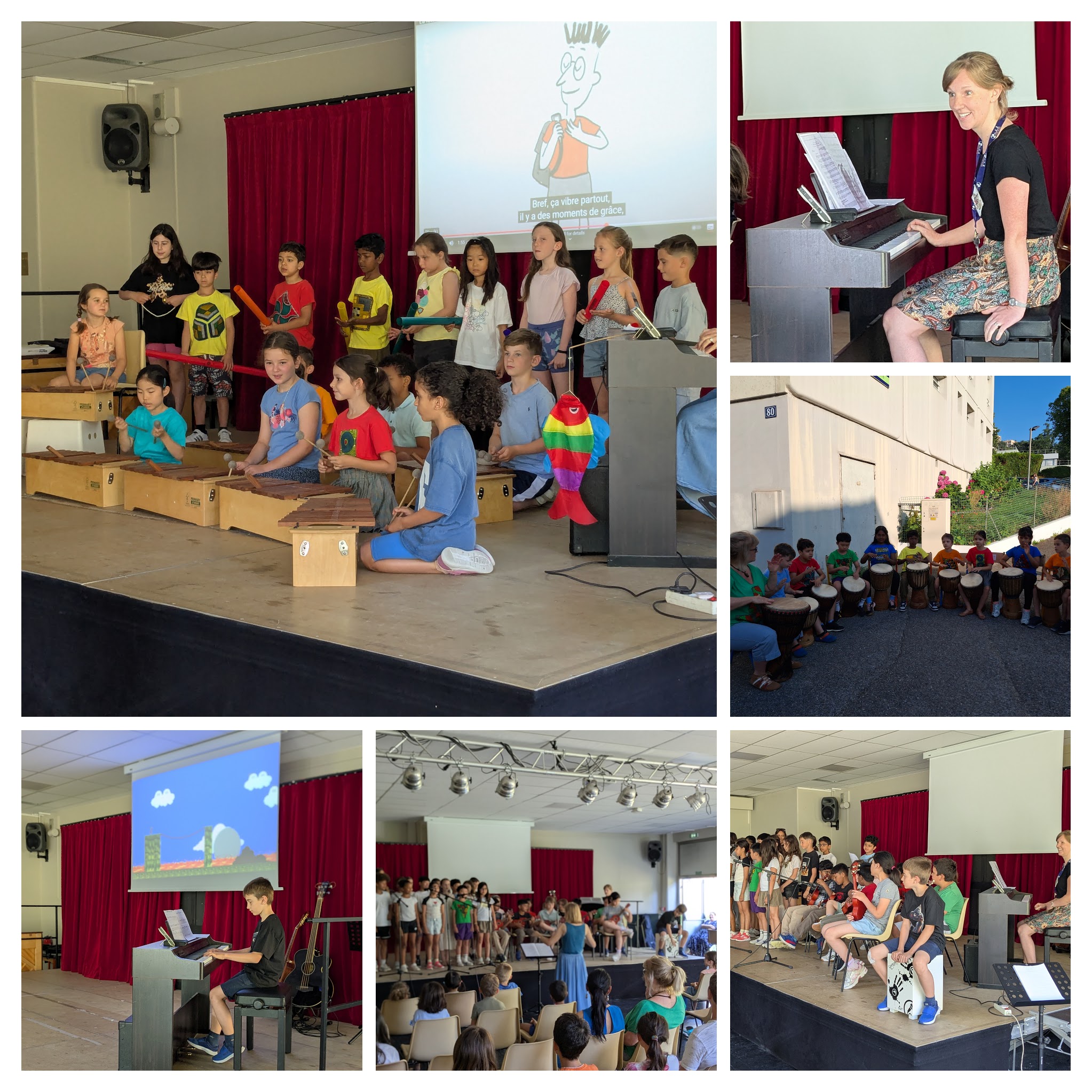 Primary students play instruments, sing, and drum together as part of a school-wide music assembly.