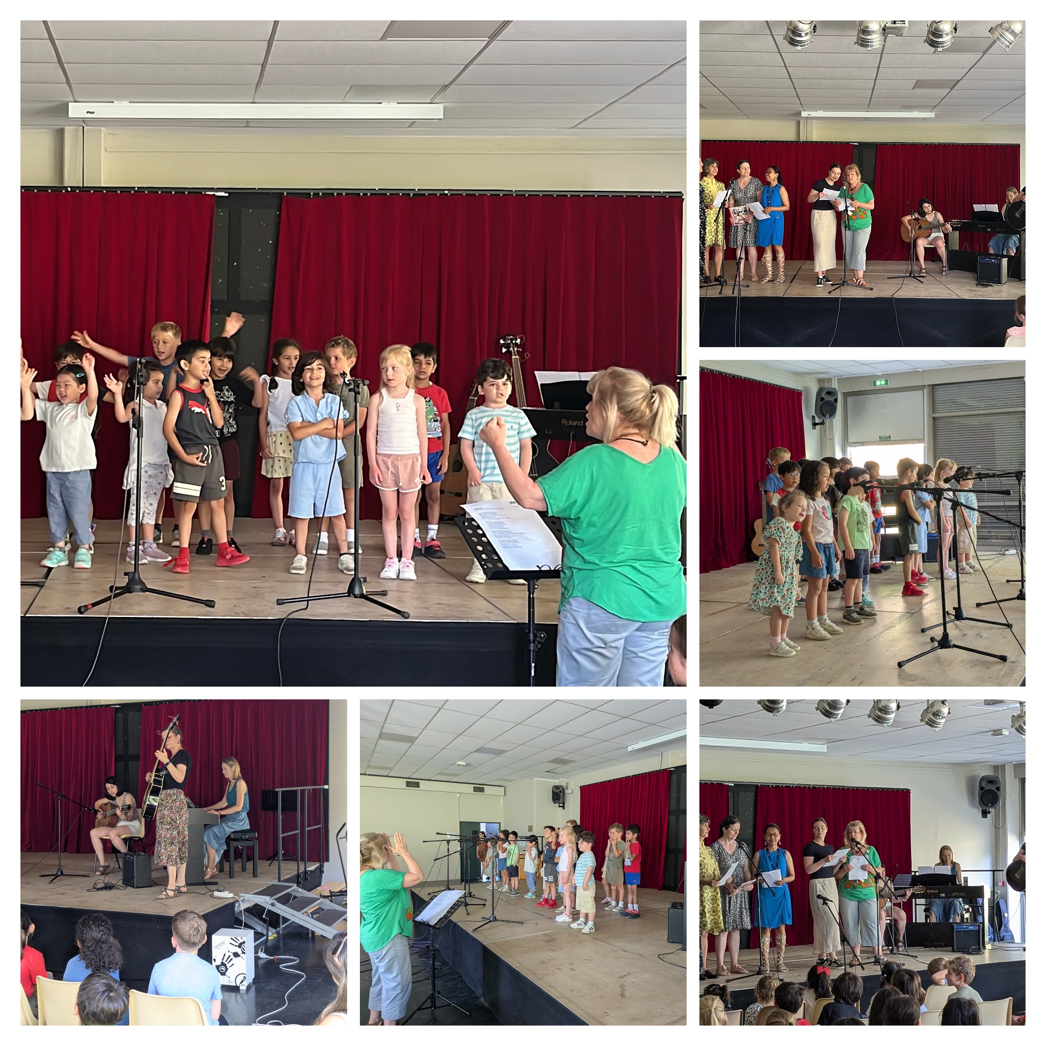 Collage of photos showing student musical performances, instruments, and group singing