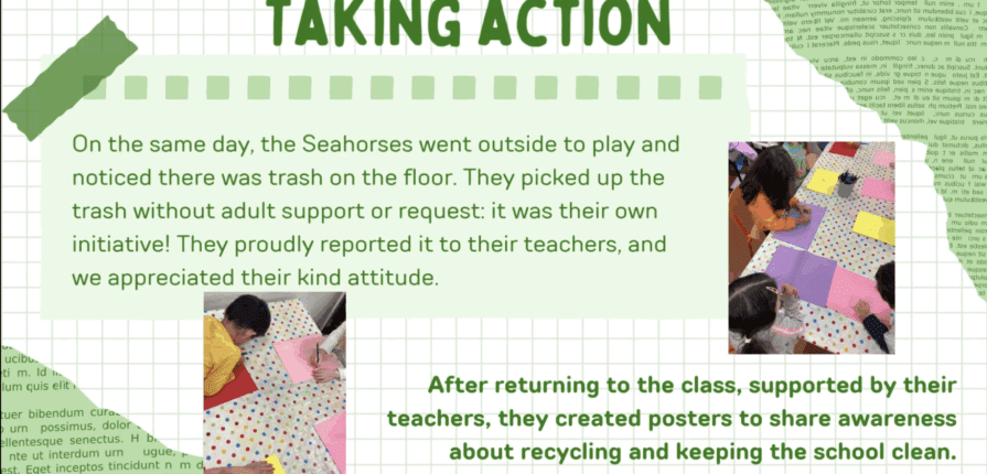 Kindergarten students sit at polka-dot covered tables creating colorful posters using paper and markers. A caption on the image describes how the students picked up trash on their own initiative and made awareness posters about recycling and keeping the school clean.